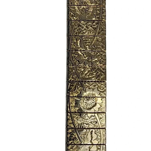 Vintage Engraved Etched Floral Panel Back Bangle Bracelet Gold Tone - Picture 2 of 4